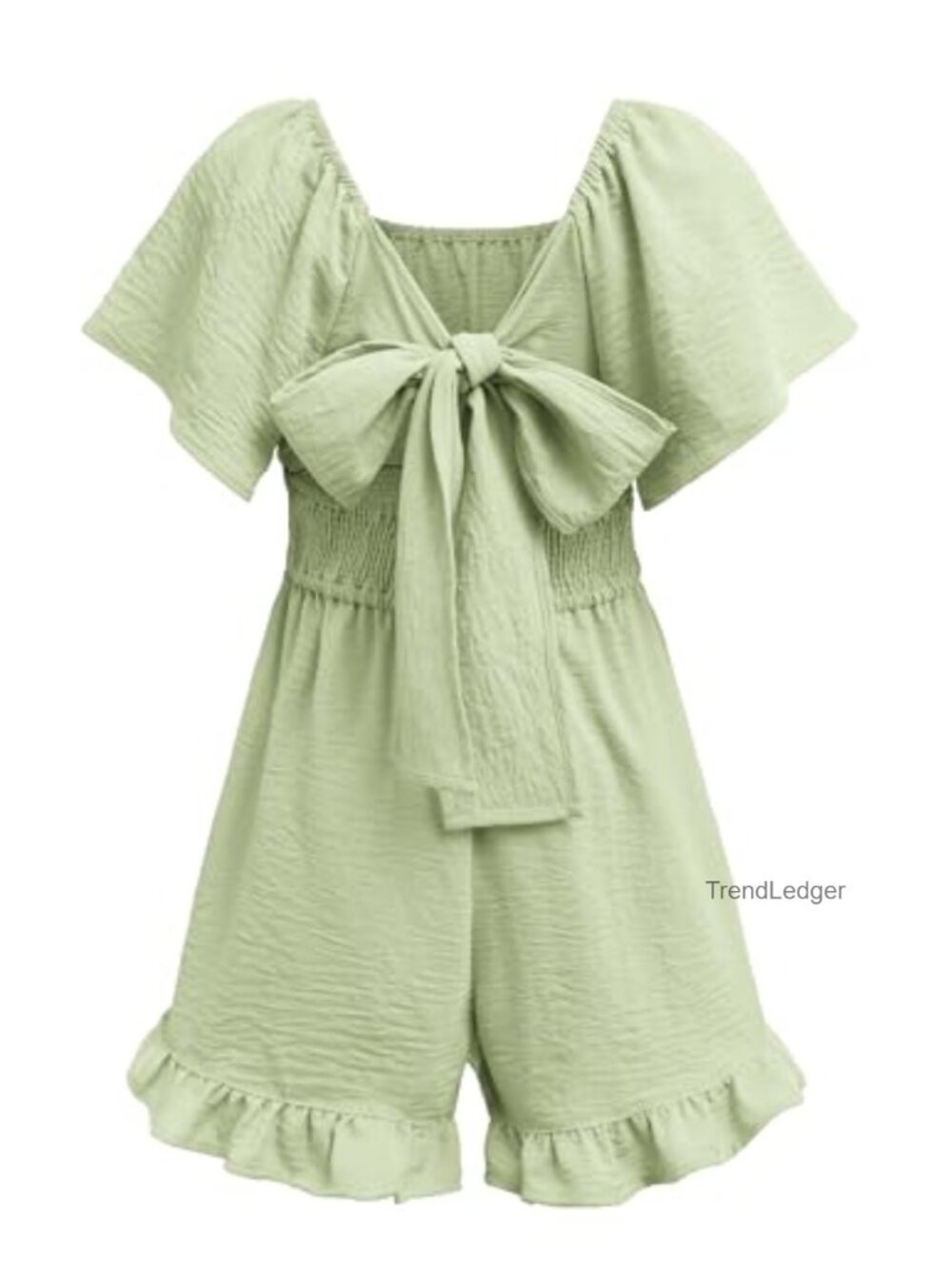 Girls Summer Jumpsuit Off Shoulder Tie Back Smocked Romper Short Sleeve
